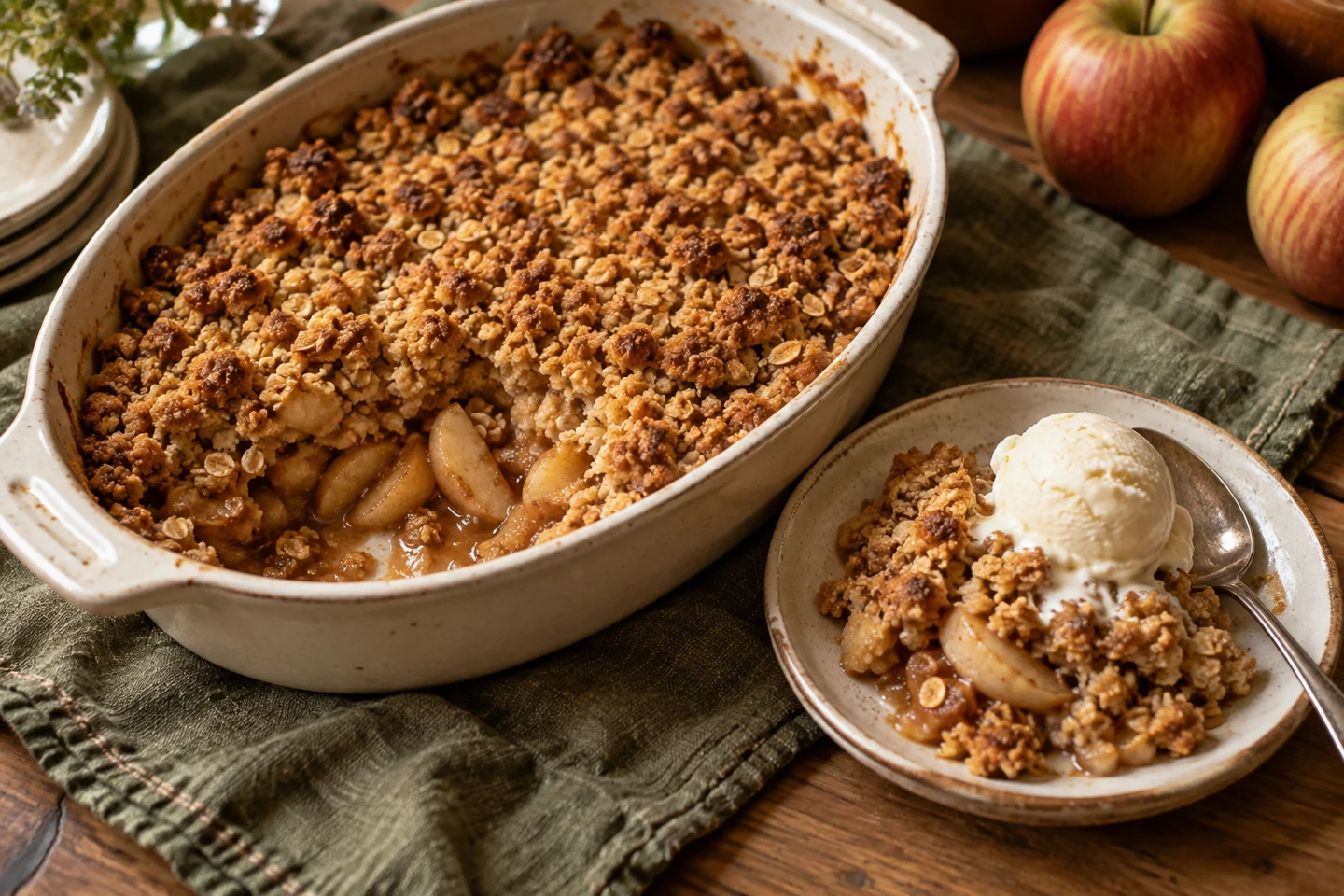 Golden apple and oat crumble in a ceramic baking dish, with a serving and vanilla ice cream