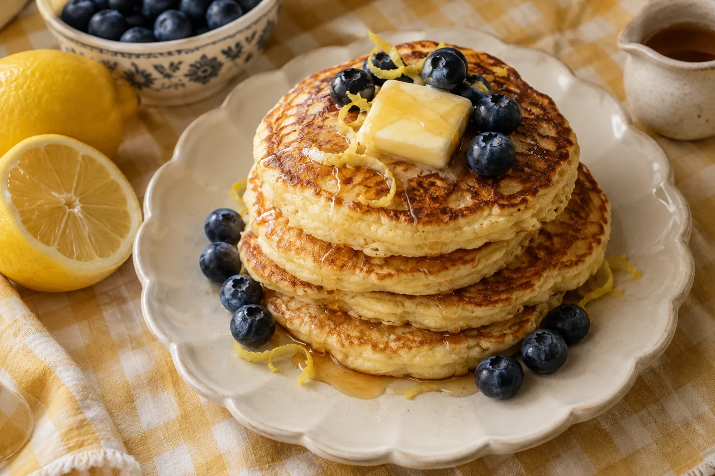 A stack of lemon ricotta pancakes with blueberries, butter, and syrup on a cream plate