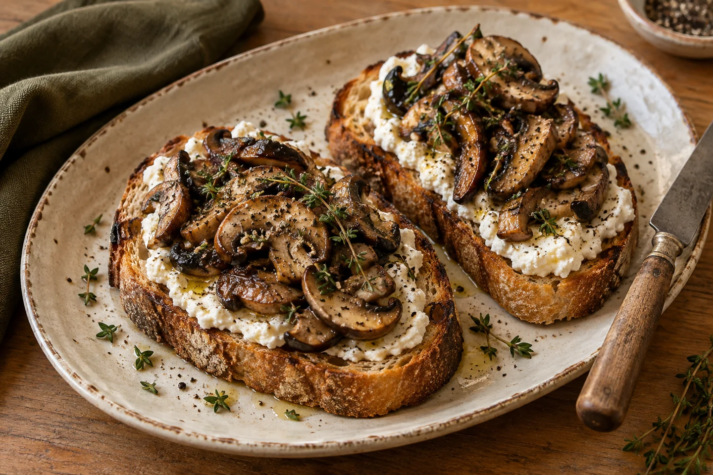 Sourdough toast with creamy ricotta, browned mushrooms, and fresh thyme
