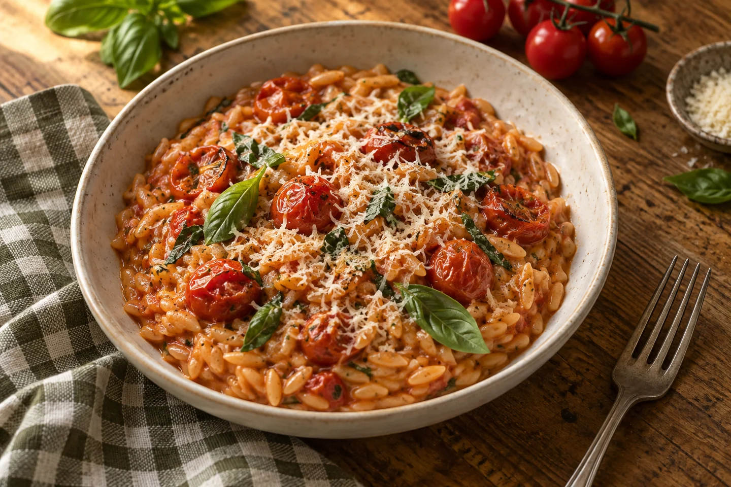 Creamy tomato orzo topped with blistered cherry tomatoes, fresh basil, and grated cheese