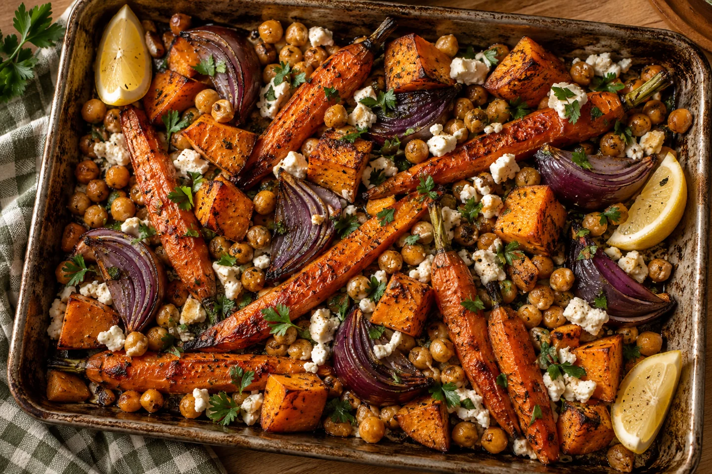 Roasted carrots, sweet potato, red onion, and chickpeas with feta on a baking tray