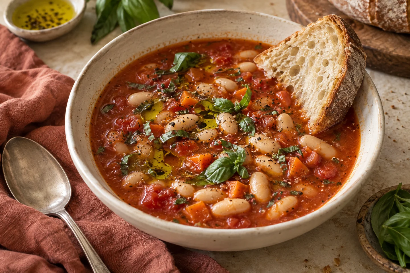 A warm bowl of tomato and white bean soup with basil, olive oil, and crusty bread